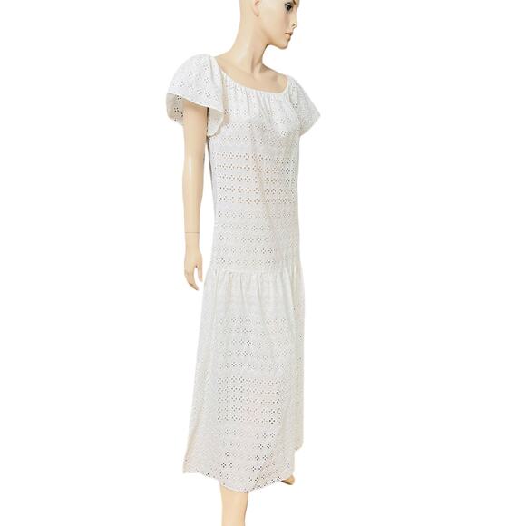 Natural Rough Cotton Off-white Eyelet Maxi Dress Size Fit L Slit on Both Sides - Picture 2 of 15